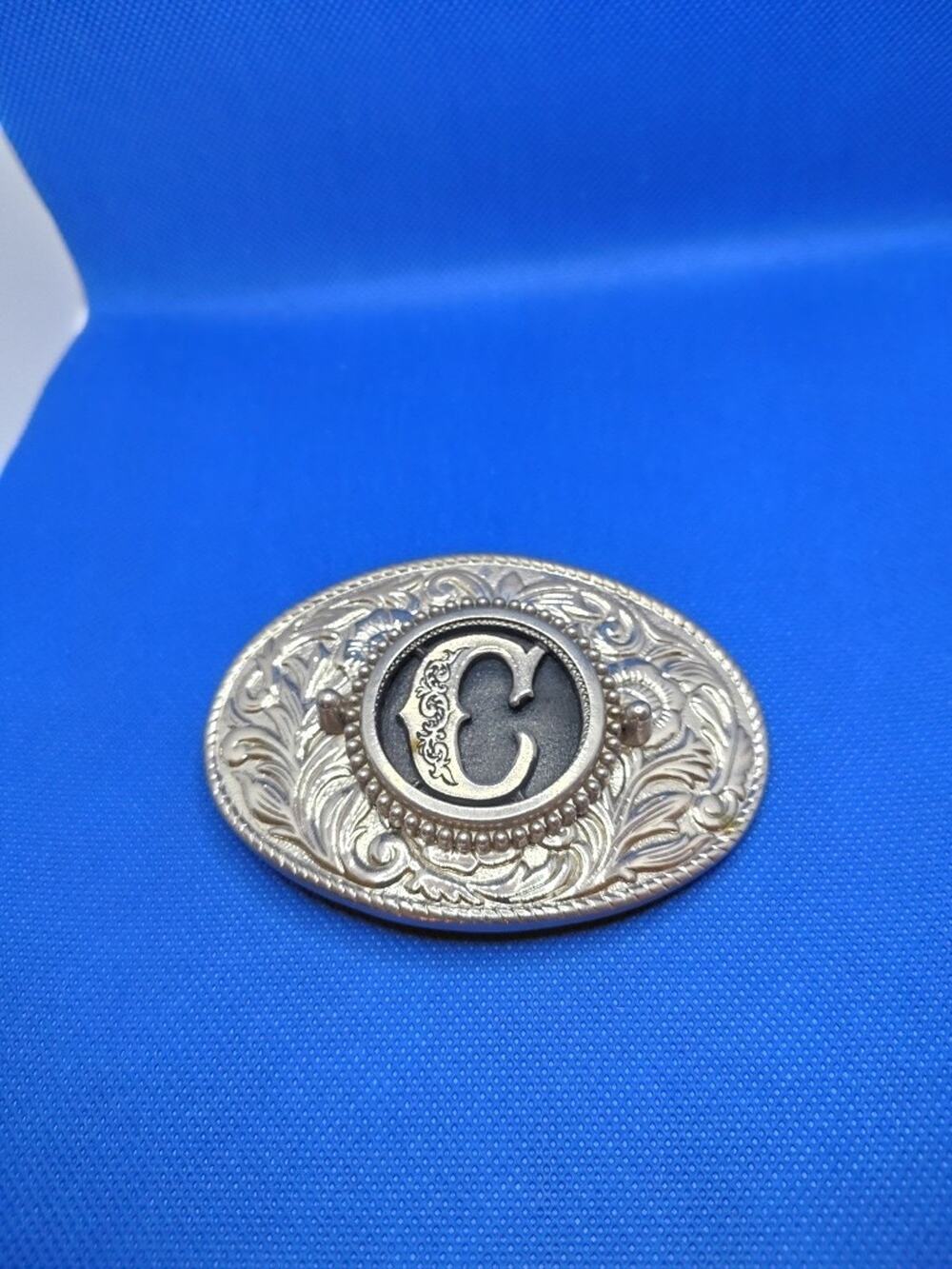 Vintage Western Initial C Belt Buckle – Engraved Floral Scroll Oval Rodeo Statem